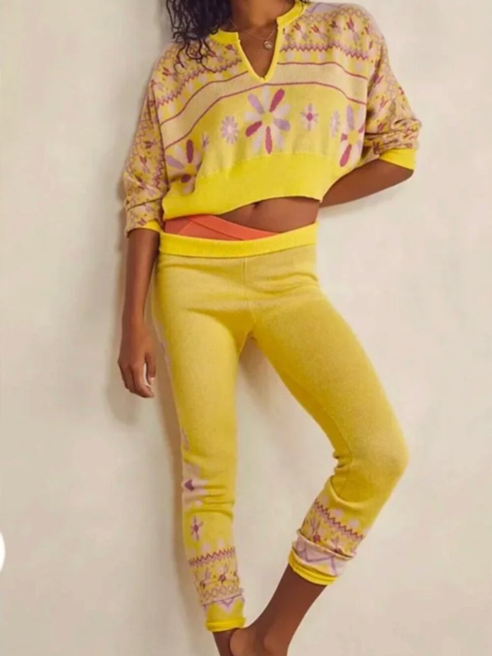 Free People Lounge Set XL "Cocoa Kisses" Yellow Pink Sweater Set Alpine Daisy